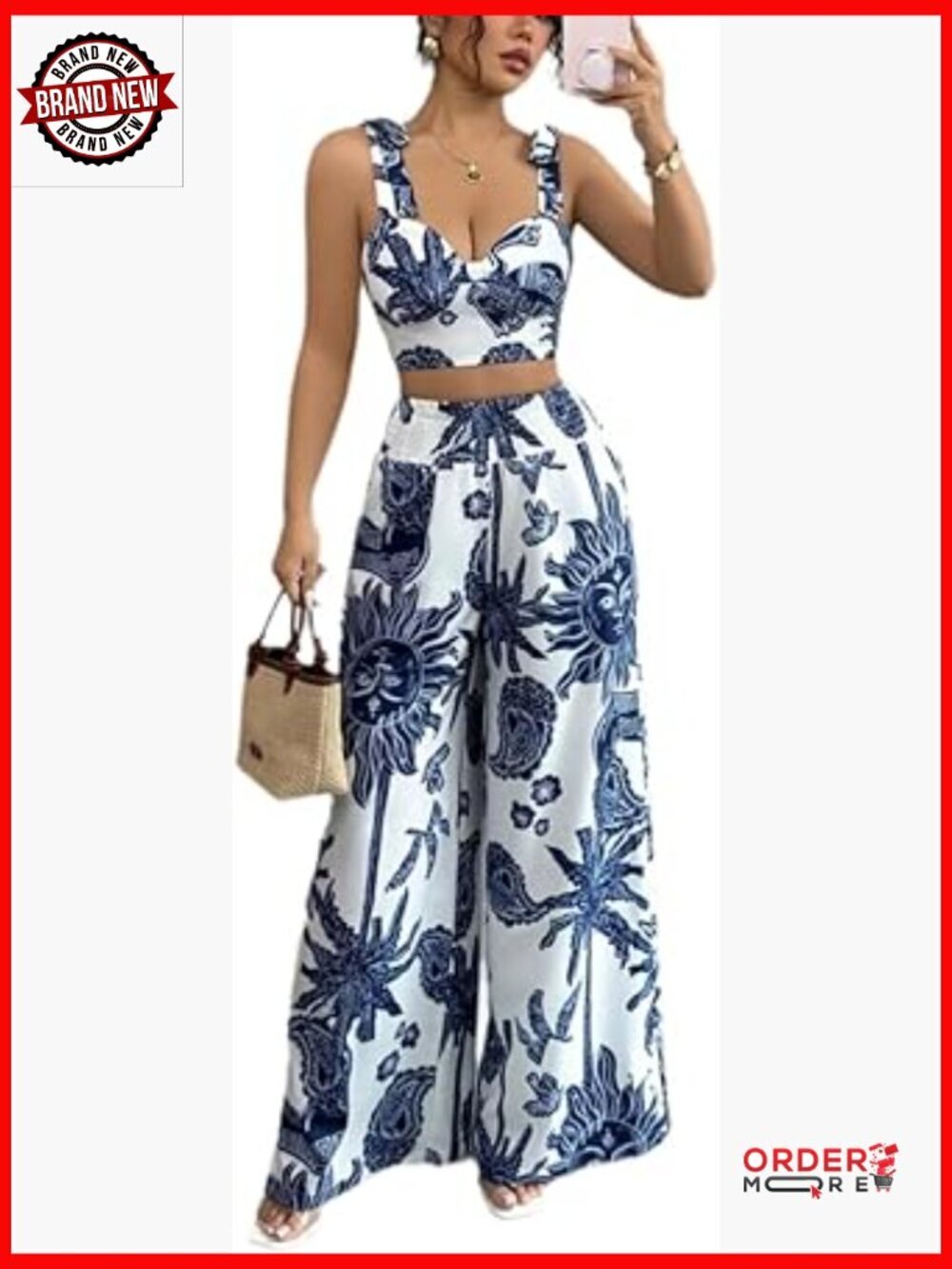 Women's 2 Piece Outfits V-Neck Cami Crop Top and Wide Leg Pants Set Summer